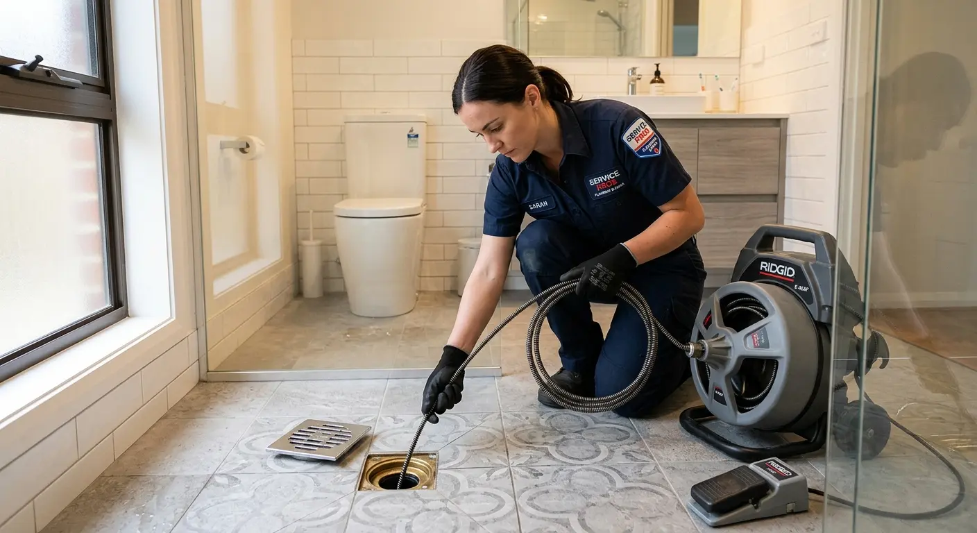Technician clearing a bathroom floor drain for Sewer Line Installation in Milton